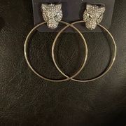 New Noir Panther Head Gold Hoops w crystals