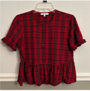 Women’s  Red Plaid Ruffle Peplum Baby Doll Top Size Small