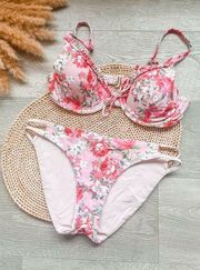 Hollister  Pink Floral Bikini Set Large Ruffle Bra Strappy Bottom Reversible