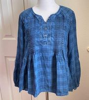 Style & Co Quarter Button Plaid Print Denim Blouse