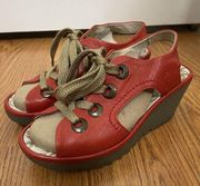 FLY LONDON RED LEATHER WEDGE LACE UP SANDALS HEELS EU 37