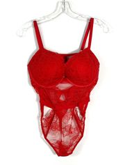 Victoria’s Secret Red Lace Cutout Push Up Thong Bodysuit Valentines Large L Sexy