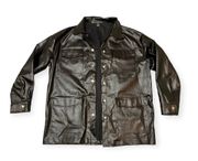 Black PU Leather Jacket Pockets Button Up Blouse Drop Shoulder