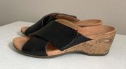 Vionic Leticia Black Pebbeled Leather Cork Wedge Adjustable Sandal Size 6