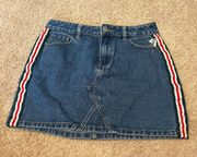 PacSun Denim mini skirt with sporty white , green and red side stripe never worn