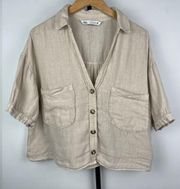 ZARA  Tan Linen Blend Button Up Cropped Short Sleeve Collared Blouse Top
