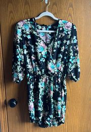 Boho Black Floral Romper With Pockets Size Large