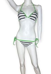 2000's O'Neil Navy Blue & White Bikini Set with Lime Green Trim Small/Medium​