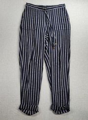 Ellen Tracy Womens Trouser Size M Navy Gray Striped Tapered Cropped Linen Blend