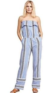 Lemlem Kesiti Strapless Jumpsuit blue print ruffle top sz small