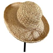 Scala Wide Brim Crochet Raffia Sun Hat with Bow in Natural Fibers - One Size