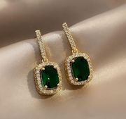 Women's Diamond Green Gemstone Square Emerald Dangle Drop Earrings