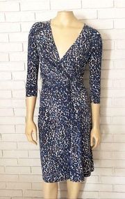 Ann Taylor Animal Print Faux Wrap Dress, Navy, Size XS