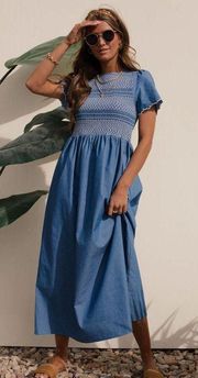 Rosalva Blue Chambray Smocked Scalloped Maxi Dress