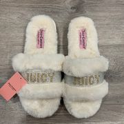 NWT  Ivory Halo Fur Rhinestone Embellished Slides