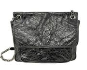 Saint Laurent Niki Logo Black Crinkled Calfskin Leather Flap-Top Shoulder Bag