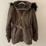 Express olive green belted puffer jacket