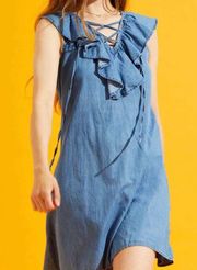 boutique Lace Up Frill Neck Chambray denim Dress sz small