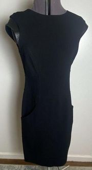 Lafayette 148 Dress Black Sheath Pockets Stretch Leather Trim Womens Size 8 Euc