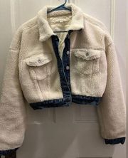 Cropped Sherpa Jacket with Jean Accents - Size M