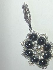 Juliana Vintage Silver Tone Hematite Cabochon CZ Rhinestones Fringe Brooch Pin