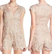 Dress the Population Juliette Plunge Lace Romper Size Small Nude Pink