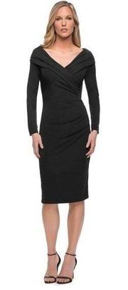 La Femme black off the shoulder long sleeve ruched pleated dress NEW