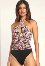 Lulus Blossoming Perfection Black Floral Mesh Cutout Halter Bodysuit Medium