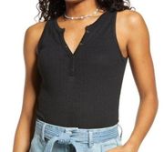 BP Tank Top Womens L Black Henley Ribbed Knit Basic Stretch Beach Classic Layers