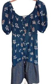 Ophelia Roe Short Sleeve Floral Button Down Dress Blue Polka Dot Ruffle Small