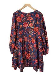 Emma & Michele Floral Tiered Dress Long Sleeve Navy Blue Orange Pink sz XL