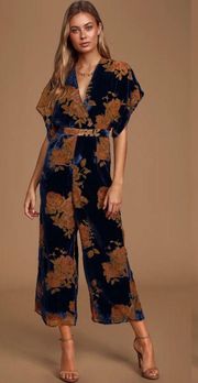 Lulu’s Boho Chic Perfection Navy Blue Velvet Floral Print Culotte Jumpsuit XS 💙