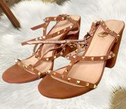 Liliana Tan Heels with Gold Gems & Ankle Strap - Size 9 - Timeless Elegance”