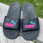 NWOT  size 6 Cool Cat black slides sandals - pink and aqua logo