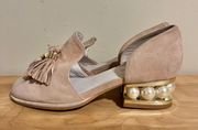 Pink Suede Pearl Heel Tassel Loafer 