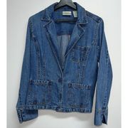 Vintage Bill Blass Womens Denim Blue Jean Blazer Jacket Size S One Button Cotton