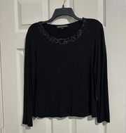 Lafayette 148 Sequin Embellished Neckline Long Sleeve T Shirt Top L Large