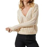 ASTR The Label Faux Wrap Pointelle Ribbed Open Knit Sweater V-Neck Cream XL