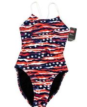 TYR Durafast One ALL AMERICAN Cutoutfit 1pc Swimsuit Red White Blue Size 30 $65