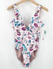 THE BIKINI LAB Swimsuit Size Large Reversible One Piece Floral Solid Beach NWT