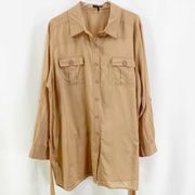 DAISY FUENTES Brown Tie Waist Cotton Button Up Top