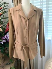 Dialogue Belted Combination Sweater Sleeve Jacket in Tan