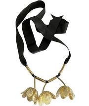 MNG by Mango Satin Ribbon Acrylic 3 Flower Floral Gold Bar Statement Necklace