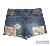 Floral and Stripe Patchwork Denim Cut Off Shorts Plus Size 20W