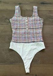 Women's Purple White Cheeky High Cut Plaid Tweed Bodysuit Small