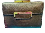 YSL YVES SAINT LAURENT Dark Brown Goldtone Saffiano Leather Kisslock Wallet Bag