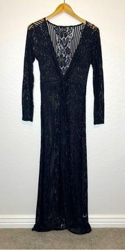 Women’s Black Lace Sheer Long Sleeve Maxi CoverUp Duster Cardigan Medium