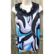 EUC Women's Cato Tank Top, Size 18/20W, Blue and Black Design, Ruffle design