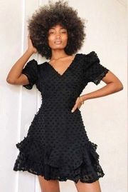 Lulus  Magnificence Black Swiss Dot Puff Sleeve Ruffled Mini Dress Size XS