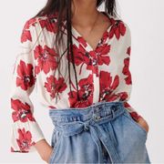 Ba&sh Floral Spread Collar Keddy Poppy Tunic Blouse Ivory Rouge Red